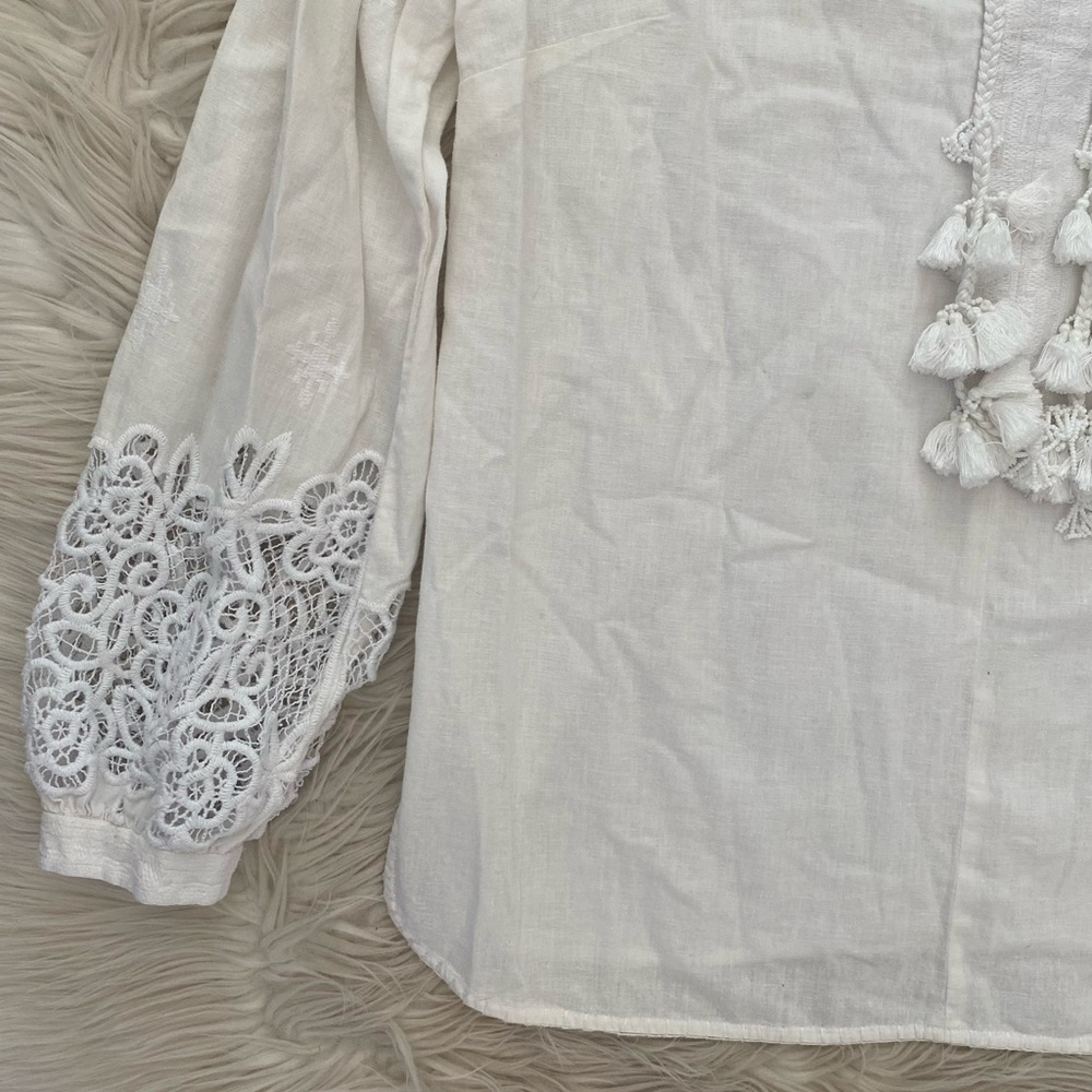 Kobi Halperin Linen Blend White Tassel Neckline Blouse Split Neck Tunic Top - Picture 4 of 14